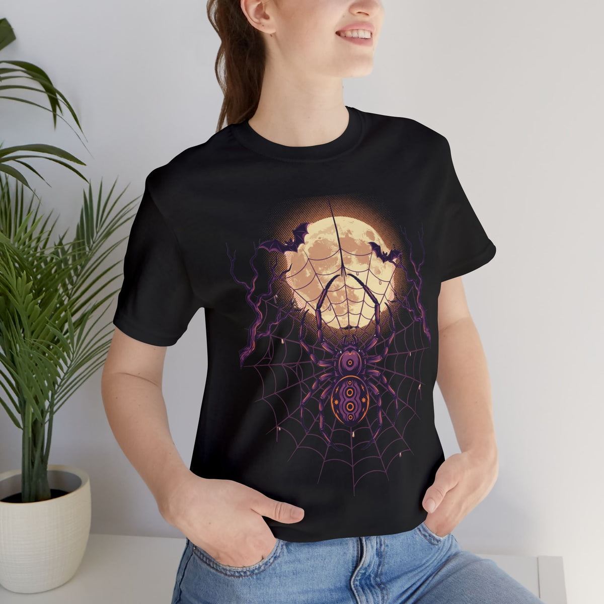 Halloween Spider Web Shirt Full Moon Bats Gothic Vintage Graphic Tee Gift