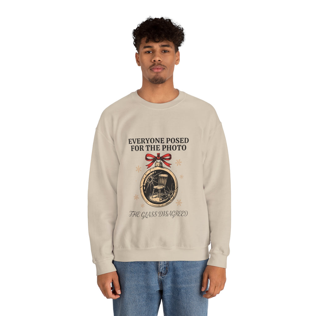 Cracked Ornament Sweatshirt, Goth Christmas, men's fit model by Bamedys