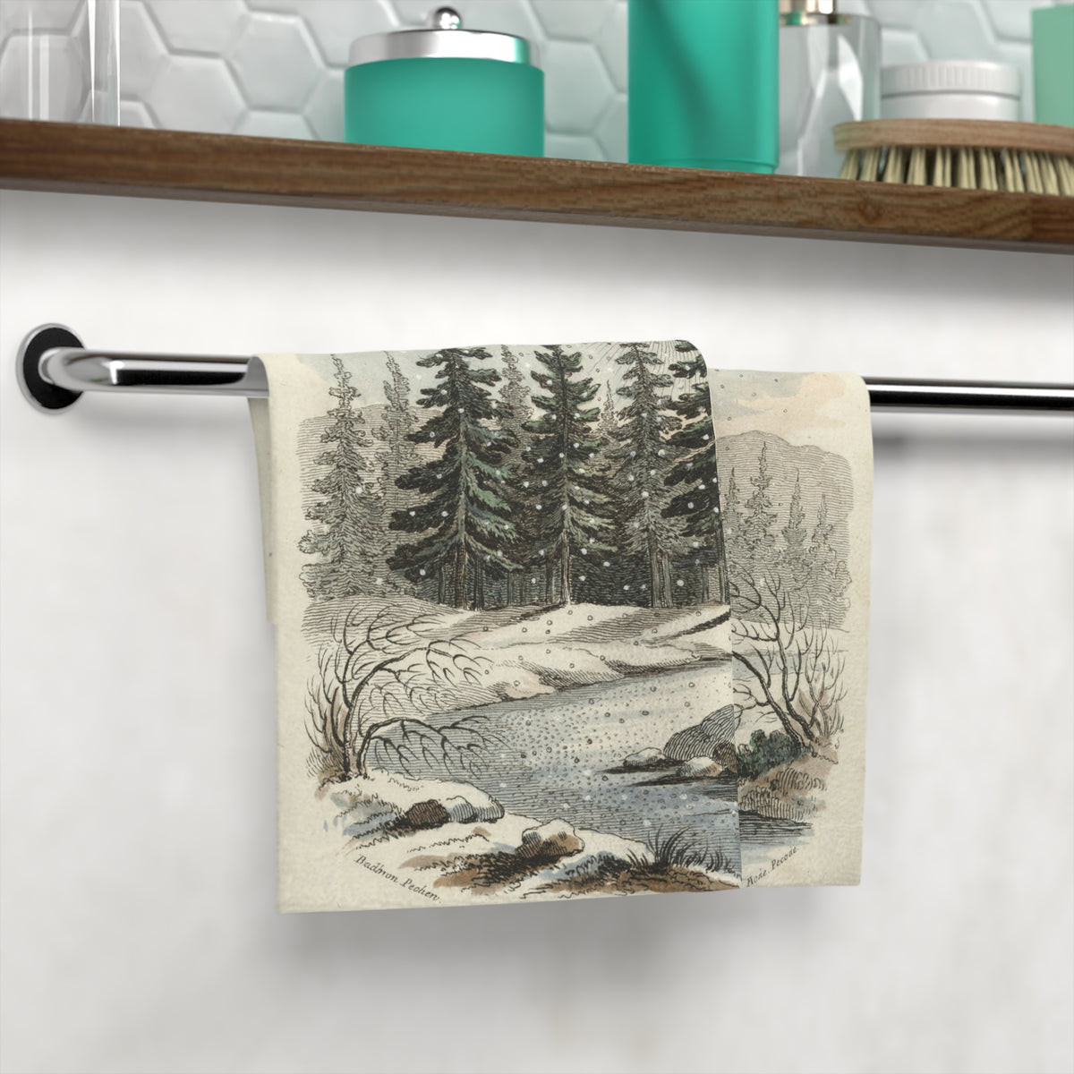 Winter Forest Hand Towel, Vintage Moon Pine Bathroom Decor