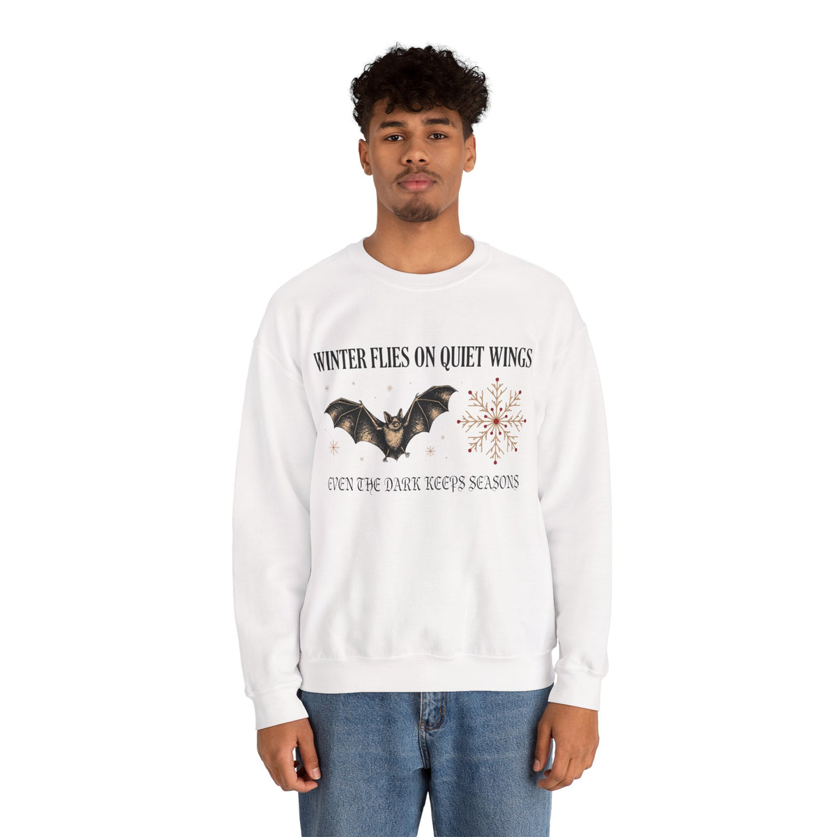 Bat and Snowflake Winter Folklore, Gothic Sweatshirt, men's fit model by Bamedys