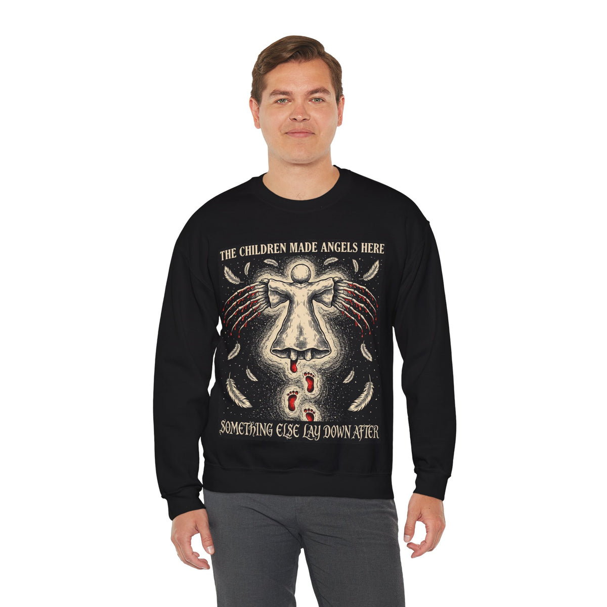 Snow Angel Horror Sweatshirt, Creepy Christmas, men's fit model by Bamedys