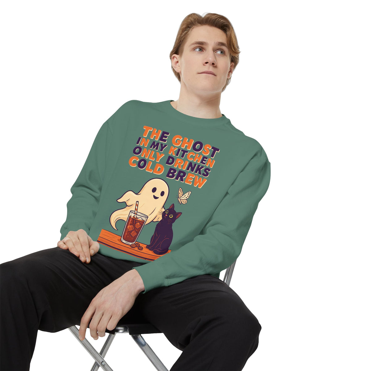 Ghost Coffee Sweatshirt, Cold Brew Halloween Crewneck, Cat Lover Gift