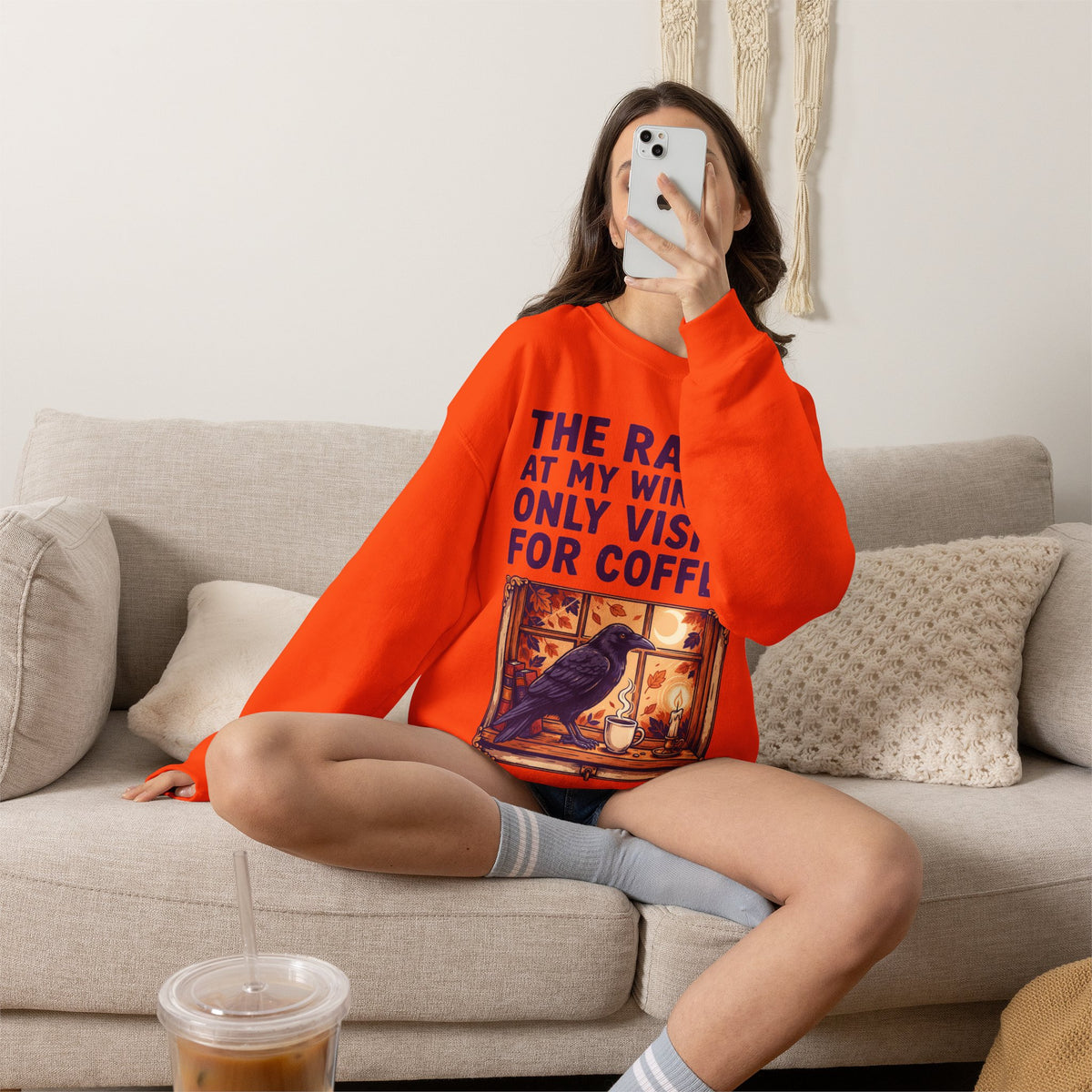 Raven Coffee Sweatshirt, Gothic Crow Halloween Crewneck, Fall Bird Gift