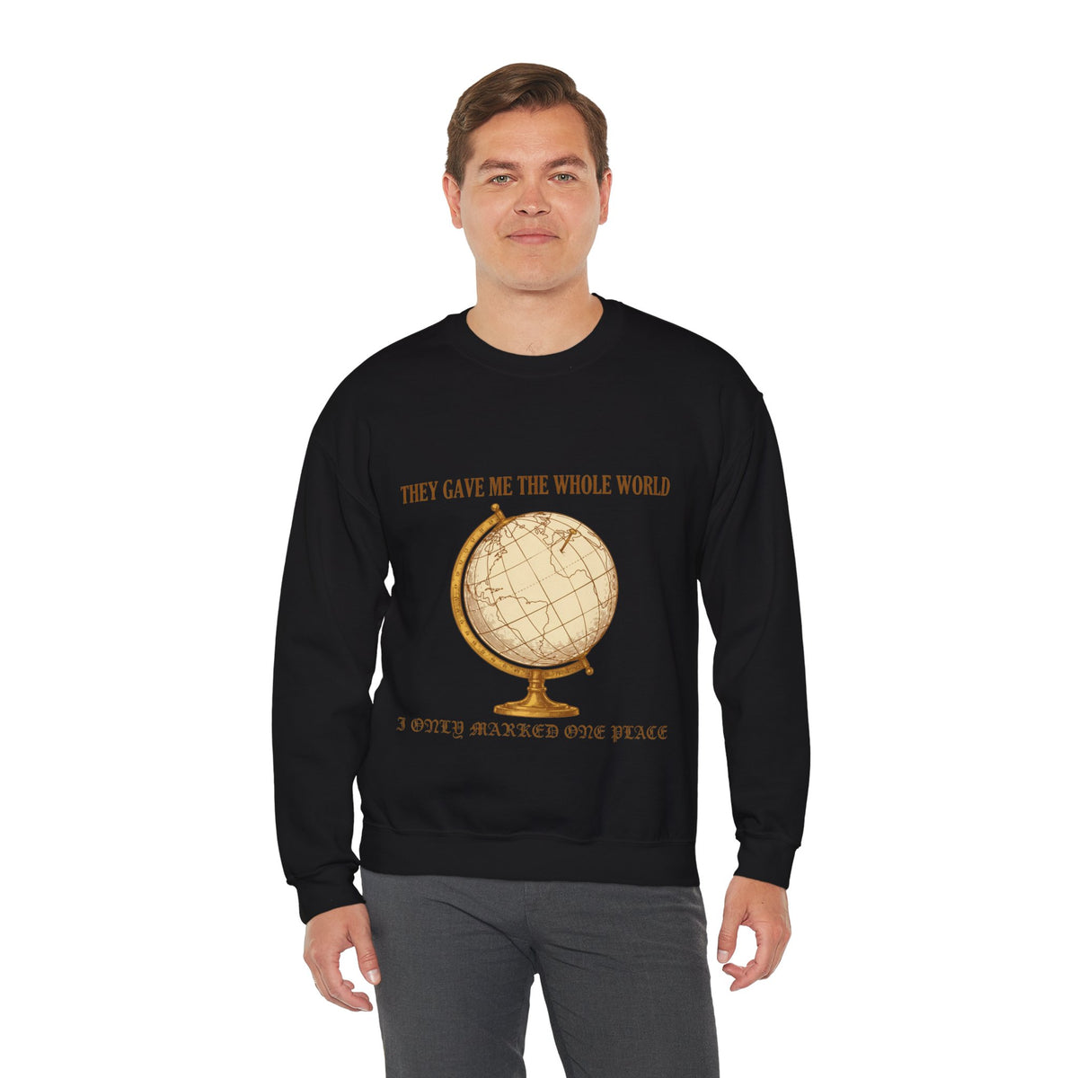 Vintage Globe Sweatshirt, Dark Academia, men's fit model by Bamedys