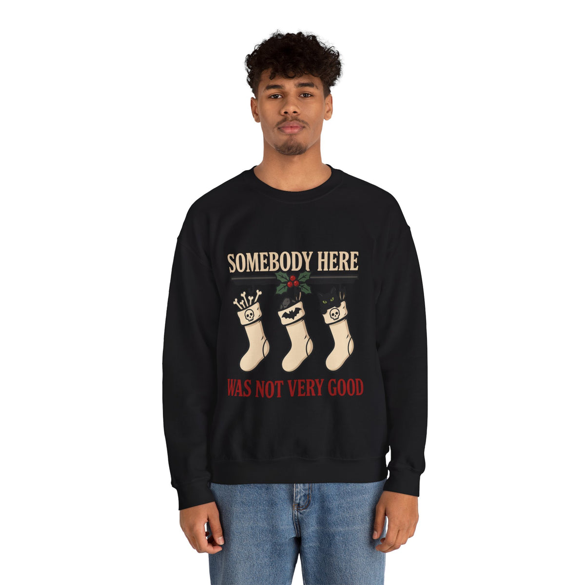 Naughty List Sweatshirt, Goth Christmas Crewneck, men's fit model by Bamedys