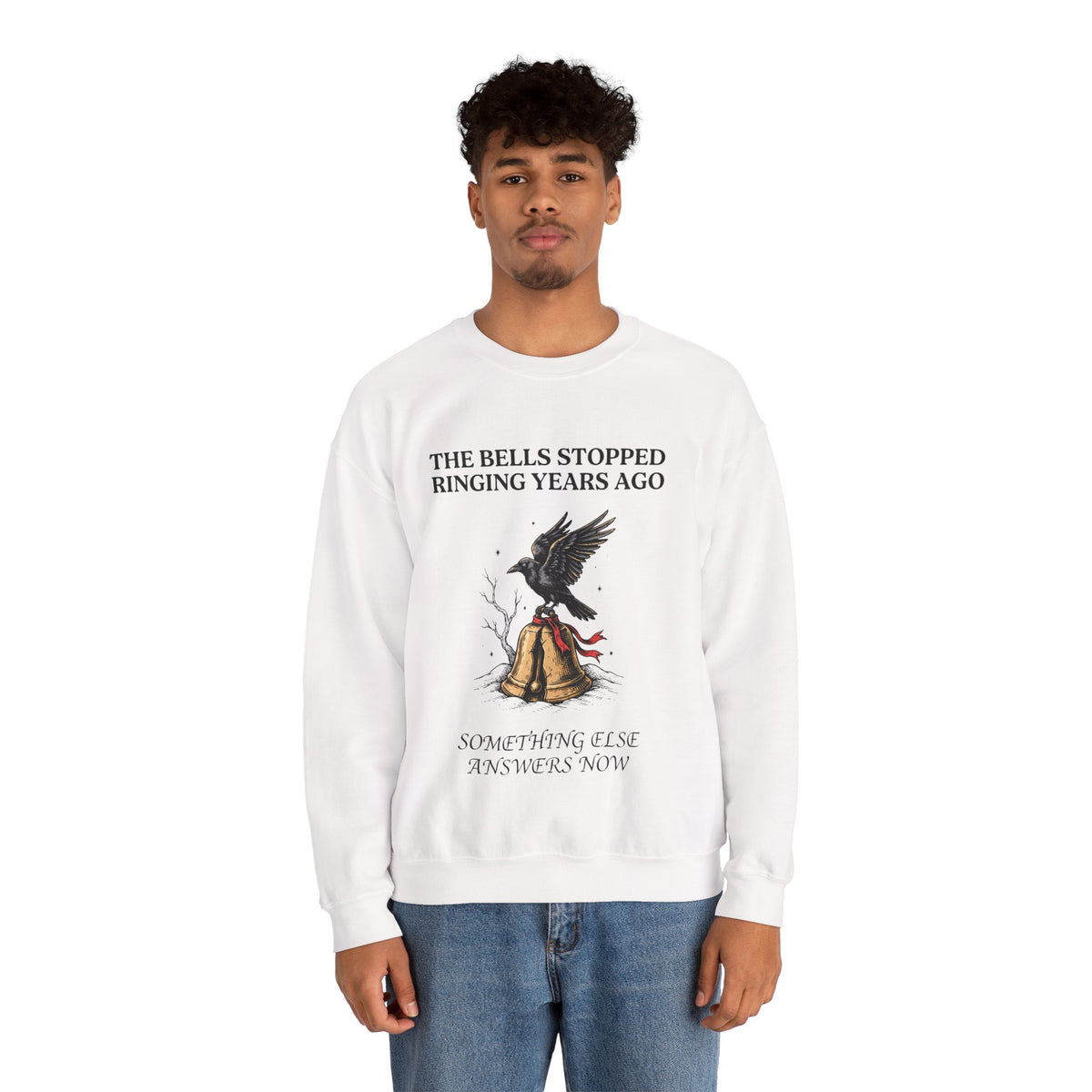 Raven and Sleigh Bell Sweatshirt, Goth Christmas, men's fit model by Bamedys