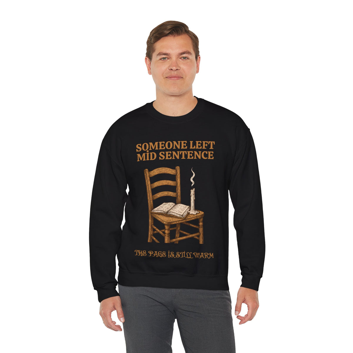 Empty Chair and Open Book Sweatshirt, Dark Academia, men's fit model by Bamedys