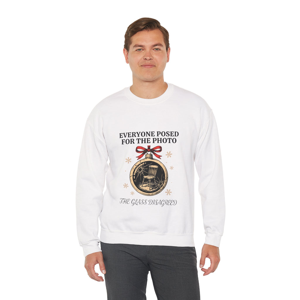 Cracked Ornament Sweatshirt, Goth Christmas, men's fit model by Bamedys