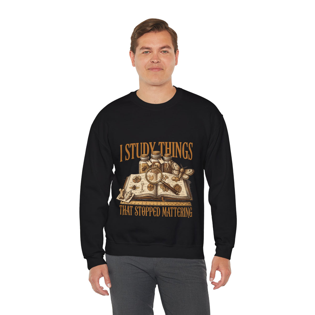 Oddities Collector Sweatshirt, Dark Academia Crewneck, men's fit model by Bamedys