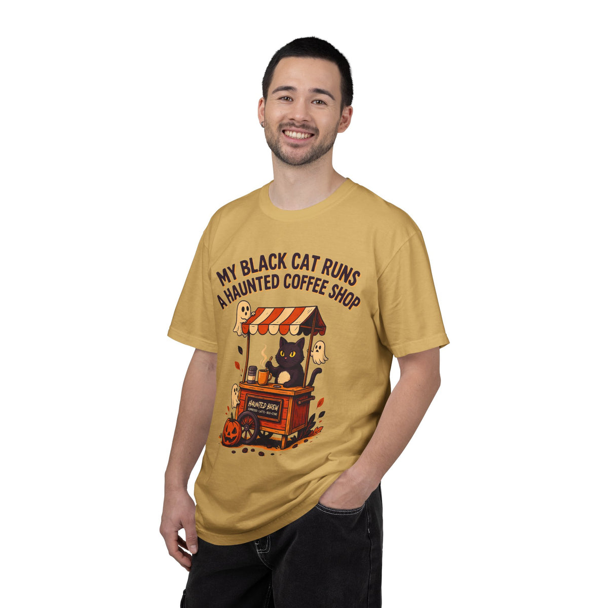 Black Cat Coffee Shirt, Haunted Cafe Halloween Tee, men's fit model by Bamedys