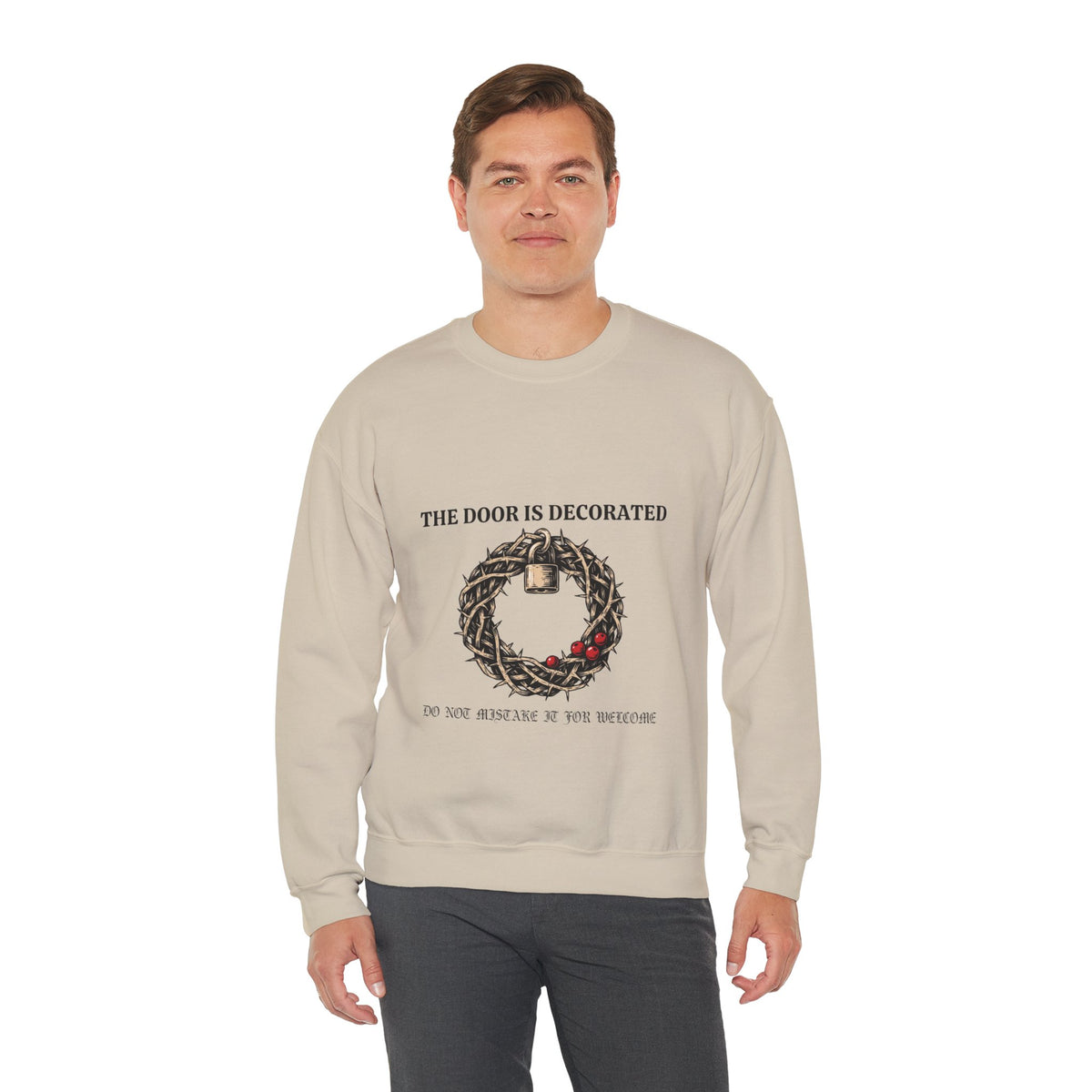 Thorn Wreath and Padlock Sweatshirt, Goth Christmas, men's fit model by Bamedys