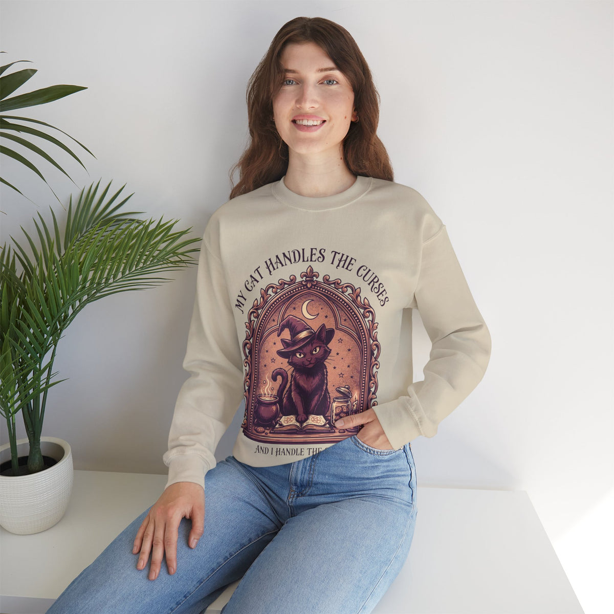 Witchy Cat Sweatshirt, Funny Halloween Crewneck, Cat Lover Gift for Her