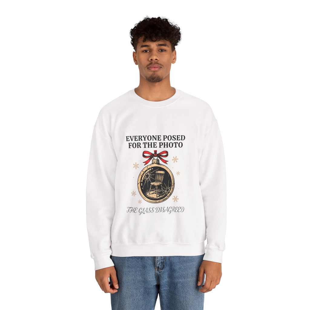 Cracked Ornament Sweatshirt, Goth Christmas, men's fit model by Bamedys