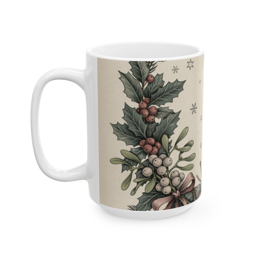 Vintage Holly Christmas Mug, Botanical Winter Coffee Cup