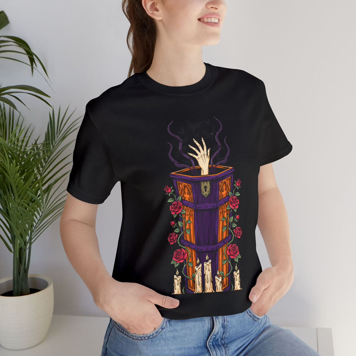 Halloween Coffin Shirt Skeleton Hand Gothic Roses Vintage Graphic Tee