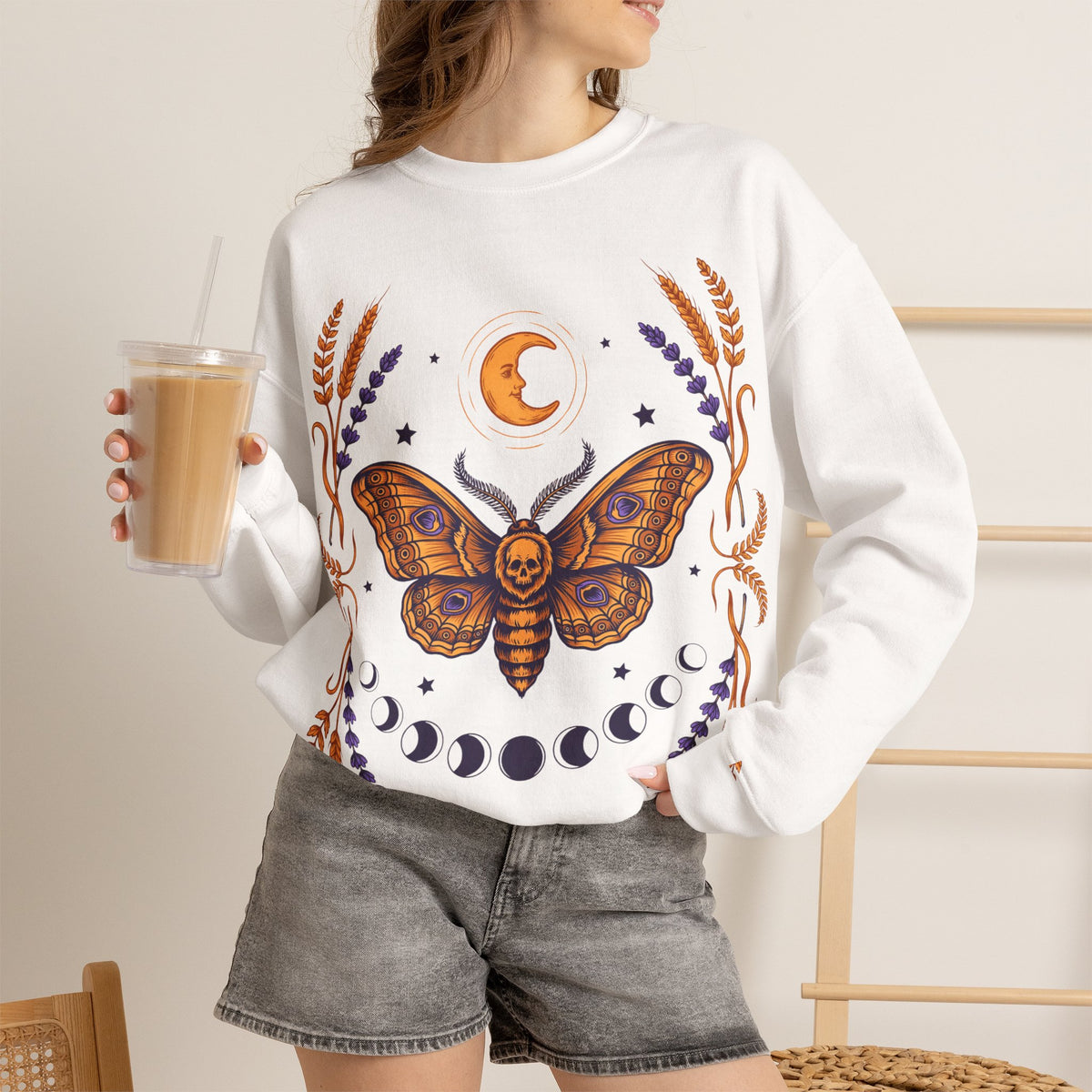 Halloween Death Moth Sweatshirt Gothic Moon Phases Witchy Celestial Crewneck