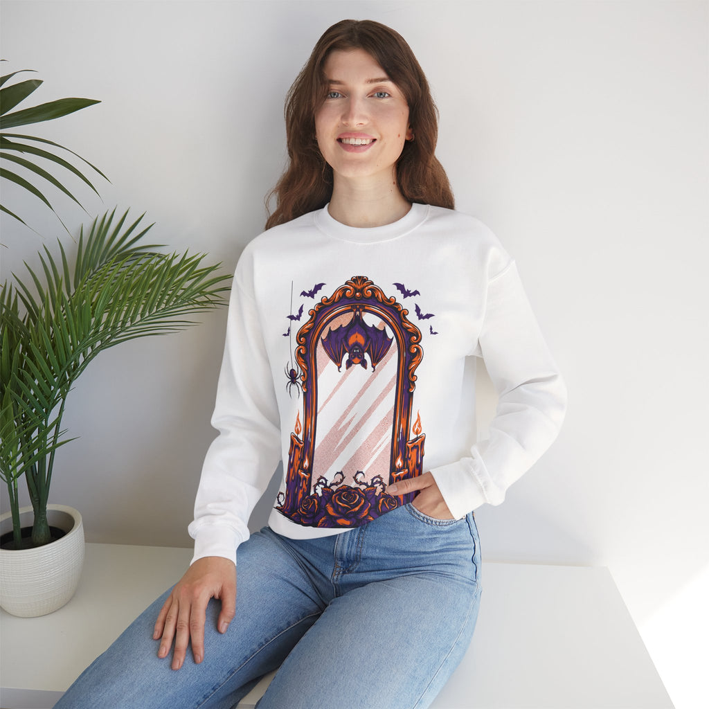 Halloween Bat Sweatshirt Gothic Mirror Candles Spooky Vintage Crewneck Top