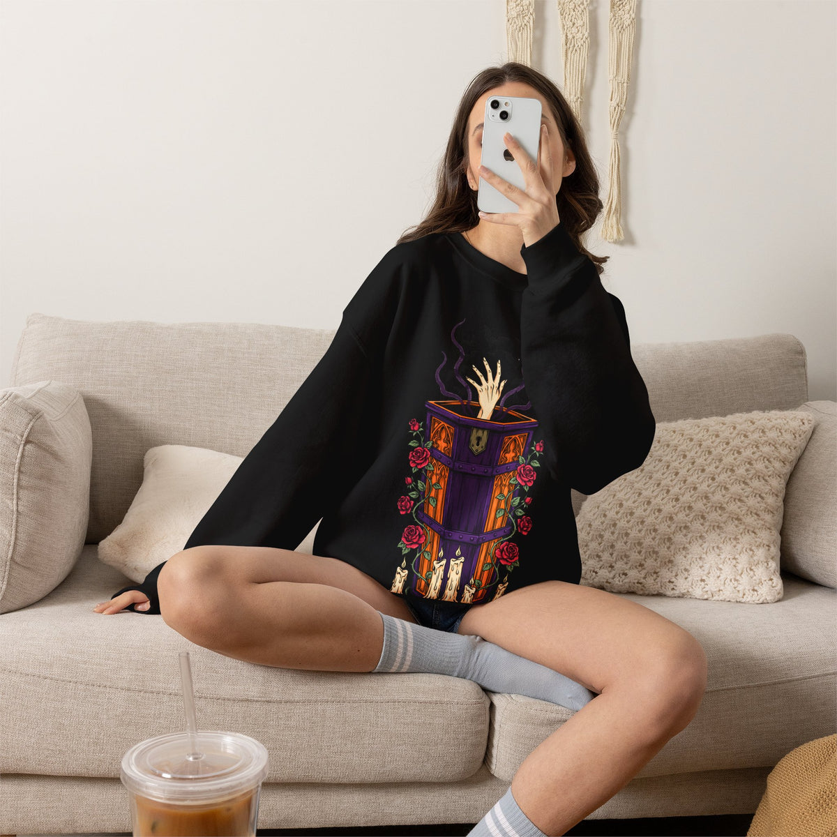Halloween Coffin Sweatshirt Skeleton Hand Gothic Roses Vintage Crewneck Top