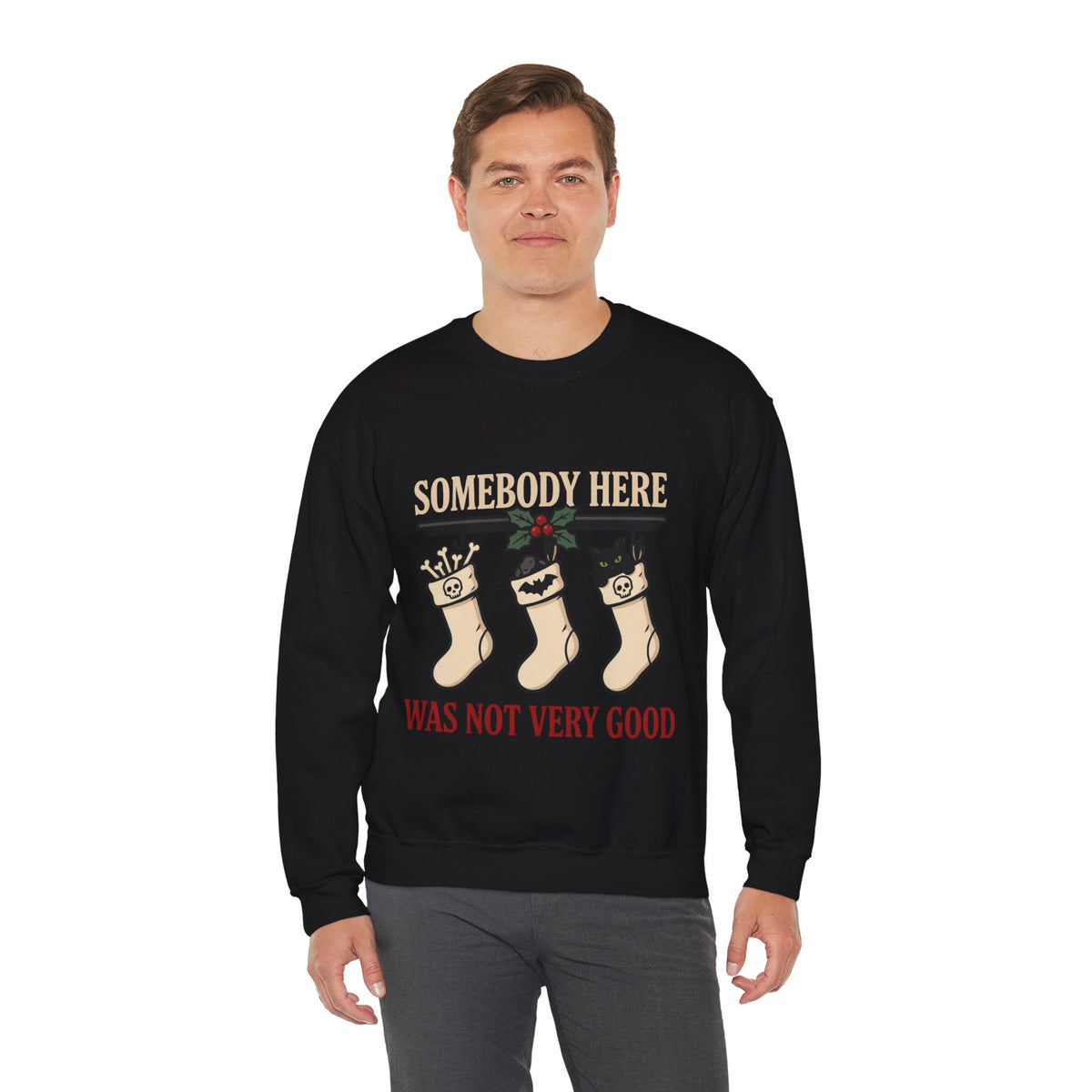 Naughty List Sweatshirt, Goth Christmas Crewneck, men's fit model by Bamedys