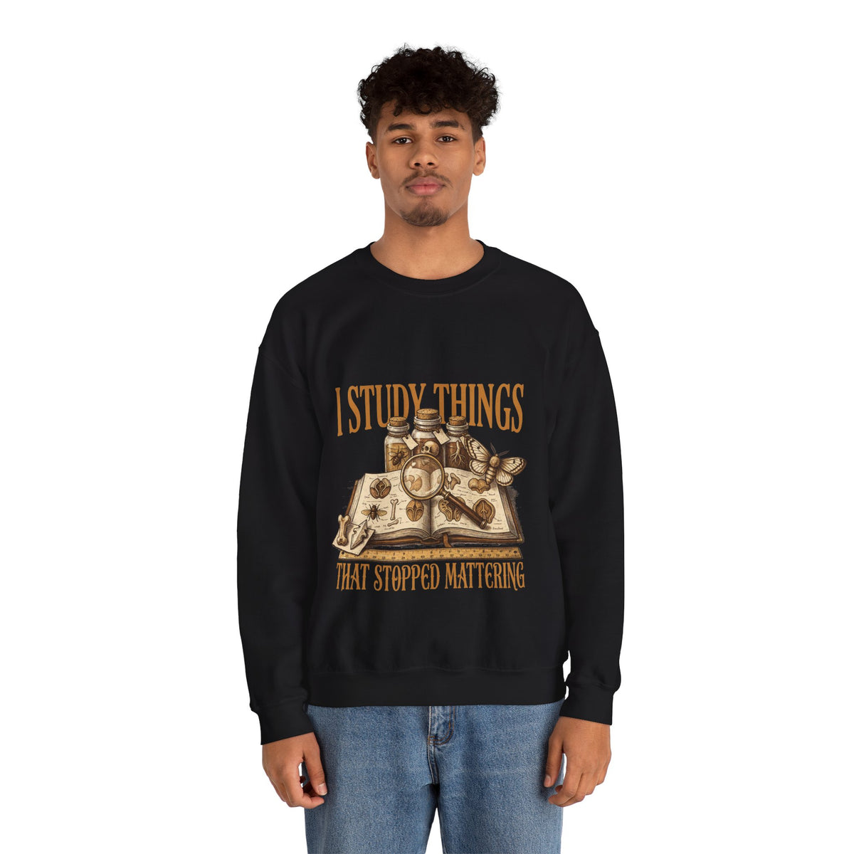 Oddities Collector Sweatshirt, Dark Academia Crewneck, men's fit model by Bamedys