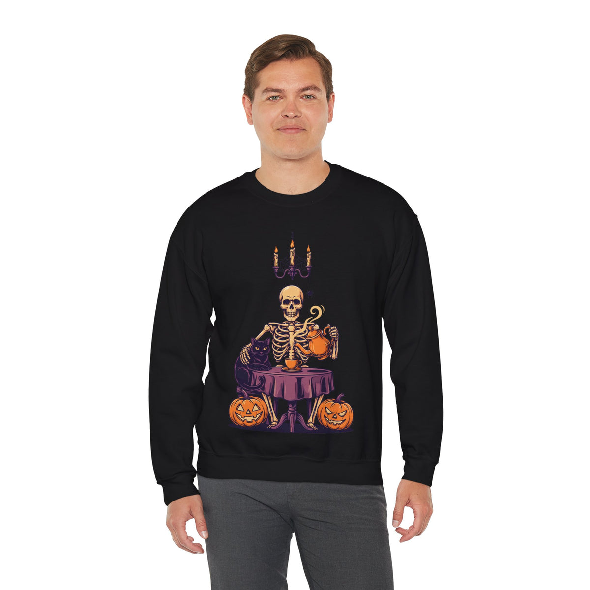 Skeleton Coffee Sweatshirt Halloween Black Cat Pumpkin, men's fit model by Bamedys
