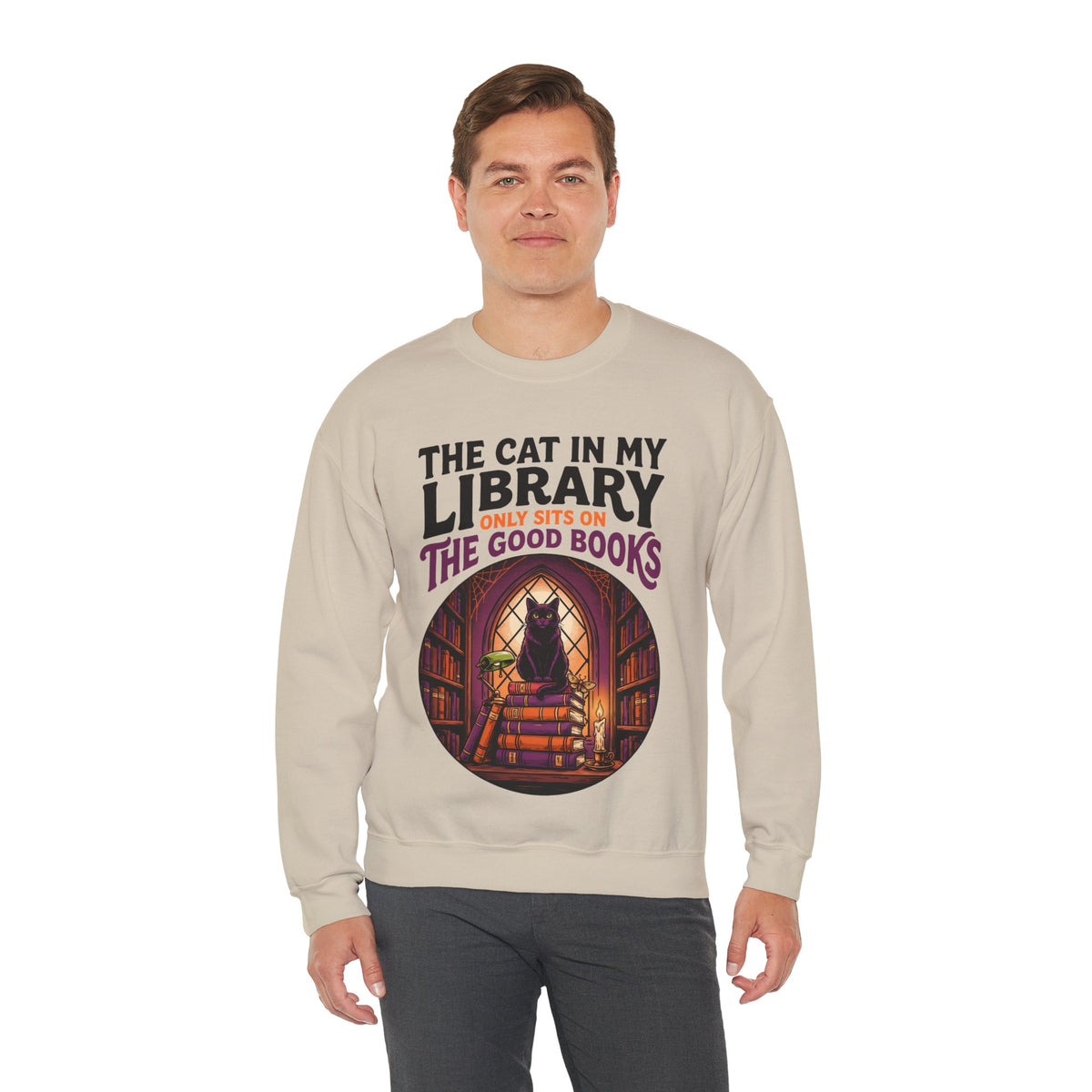 Black Cat Book Sweatshirt, Dark Academia Crewneck, men's fit model by Bamedys