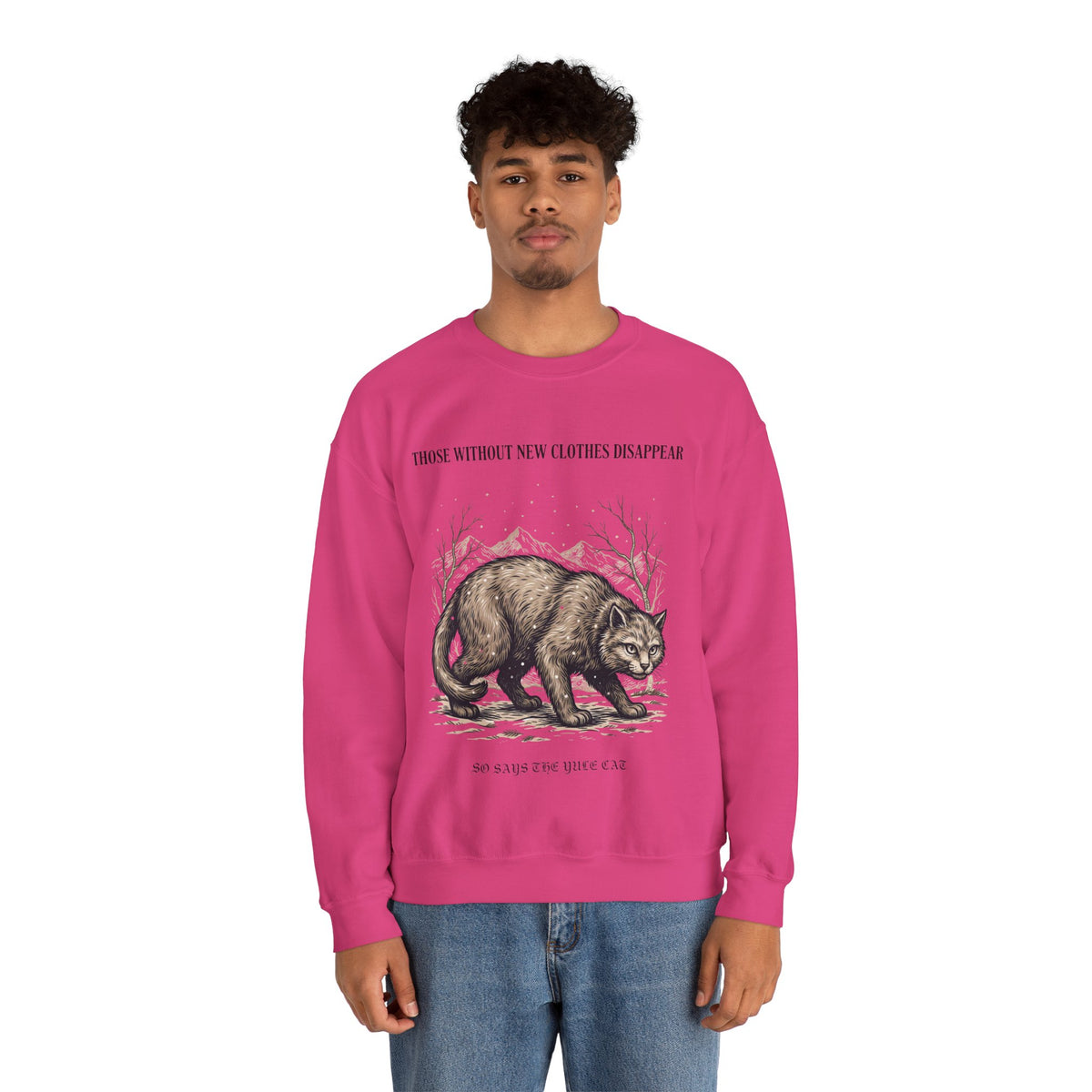 Yule Cat Sweatshirt, men's fit model by Bamedys