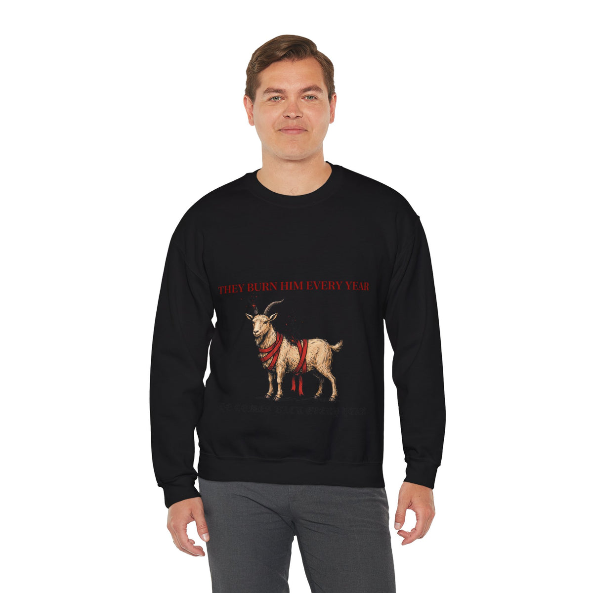 Yule Goat Folklore Sweatshirt, Goth Christmas, men's fit model by Bamedys