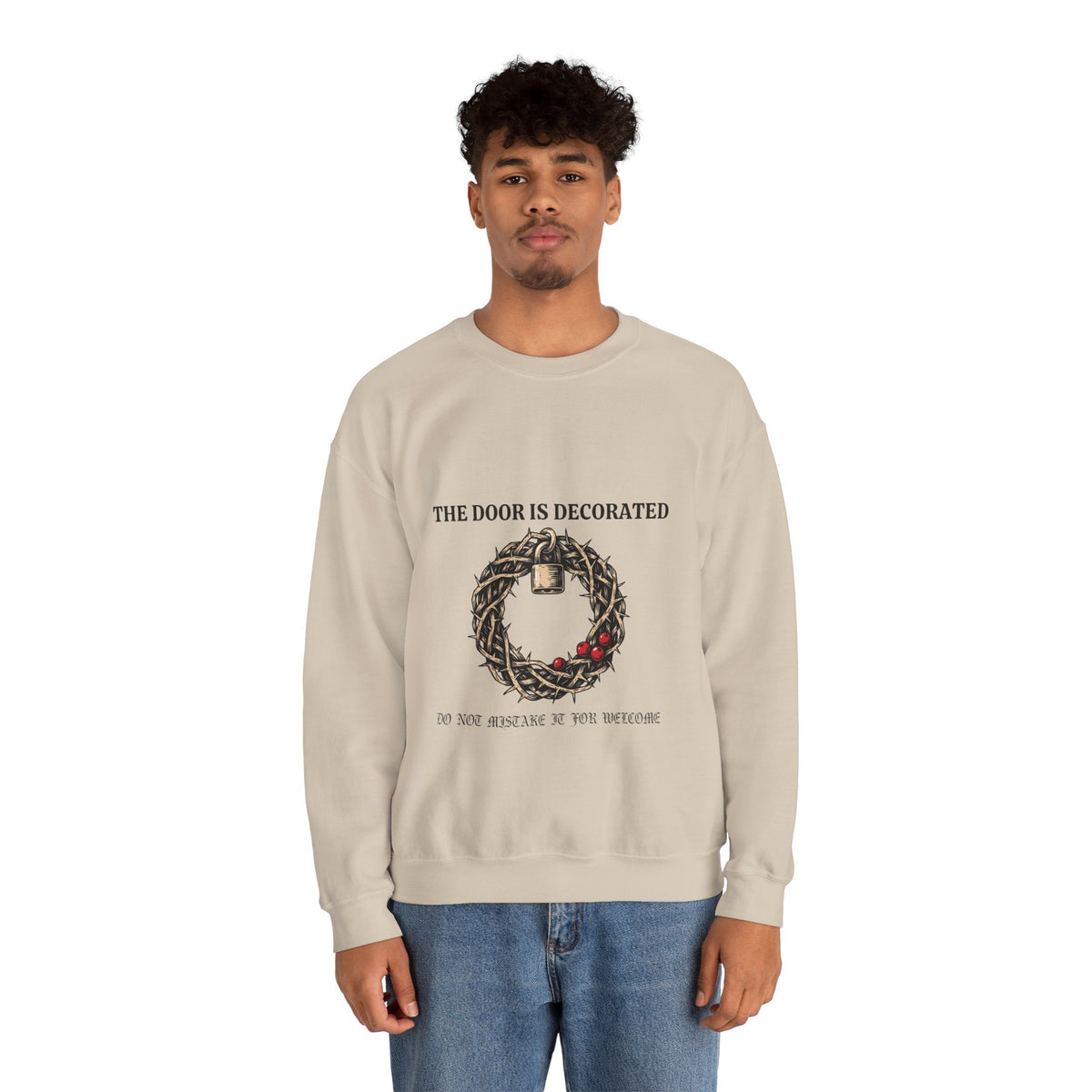 Thorn Wreath and Padlock Sweatshirt, Goth Christmas, men's fit model by Bamedys