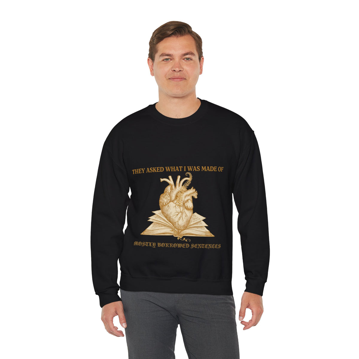 Anatomical Heart and Book Sweatshirt, Dark Academia, men's fit model by Bamedys