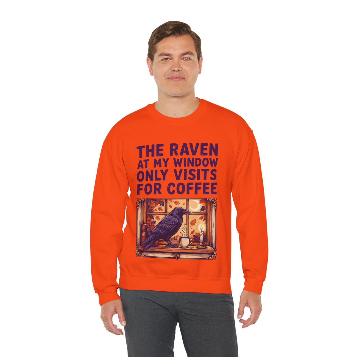 Raven Coffee Sweatshirt, Gothic Crow Halloween Crewneck, men's fit model by Bamedys