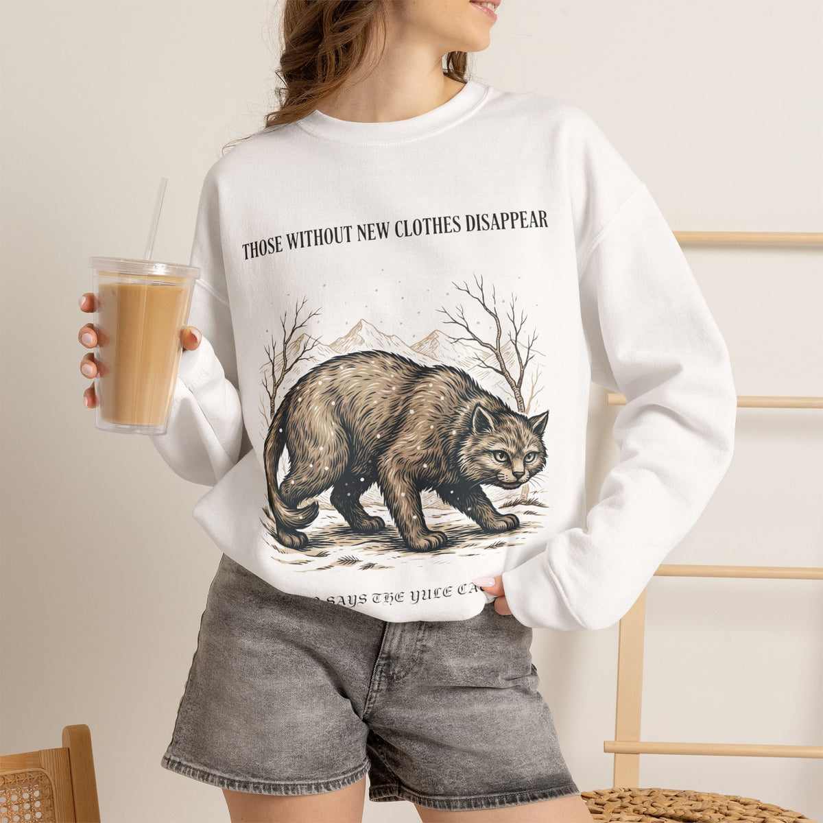 Yule Cat Sweatshirt, Icelandic Folklore Gothic Winter Crewneck Top