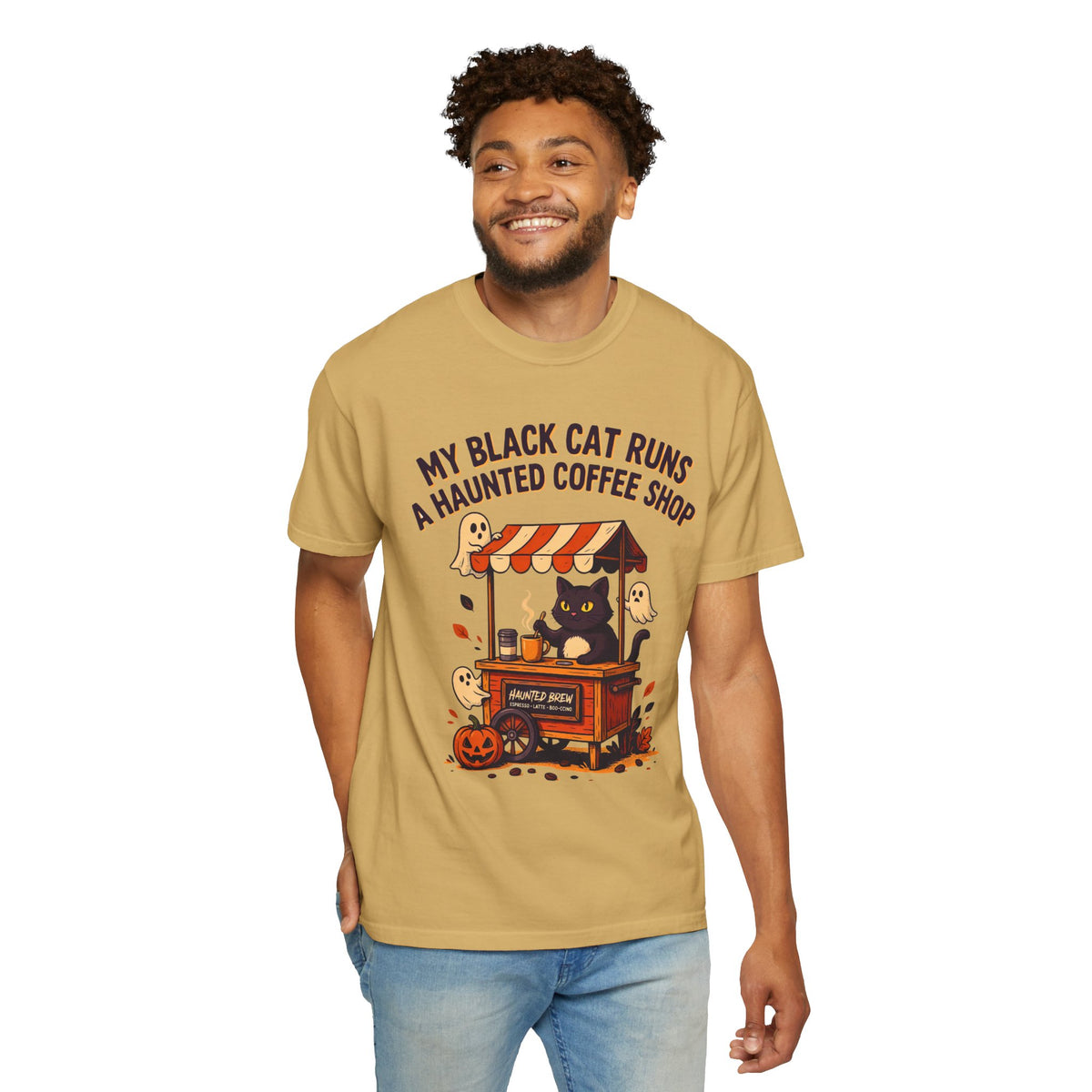 Black Cat Coffee Shirt, Haunted Cafe Halloween Tee, men's fit model by Bamedys