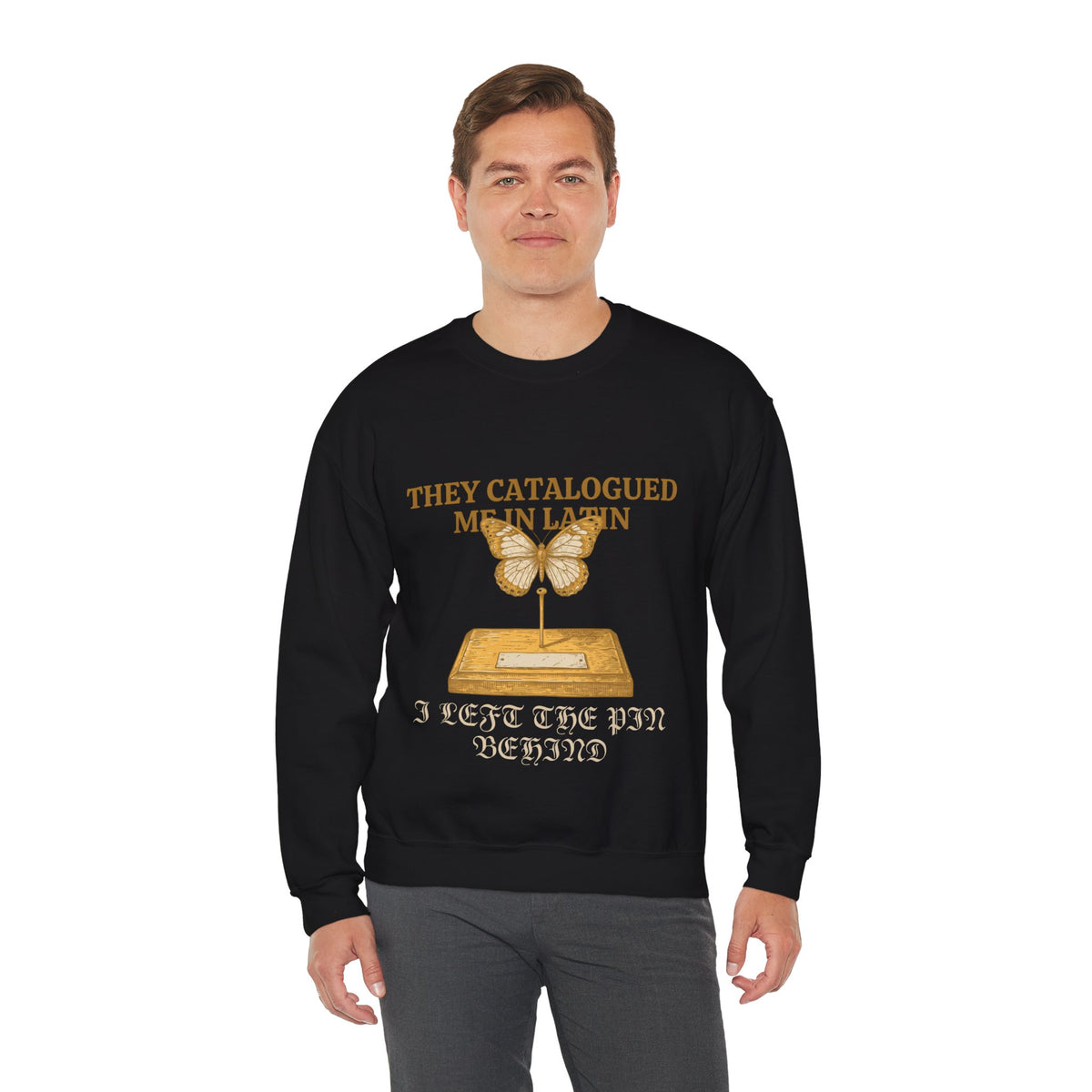 Butterfly Specimen Sweatshirt, Dark Academia, men's fit model by Bamedys