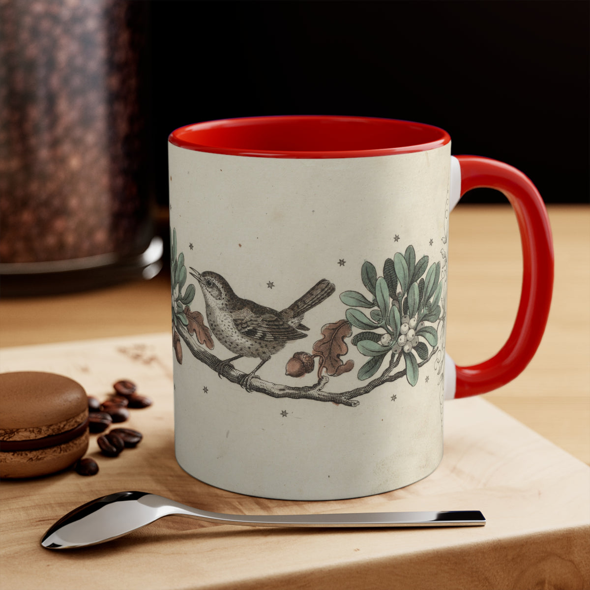 Wren Bird Mug, Vintage Mistletoe Botanical Winter Coffee Cup