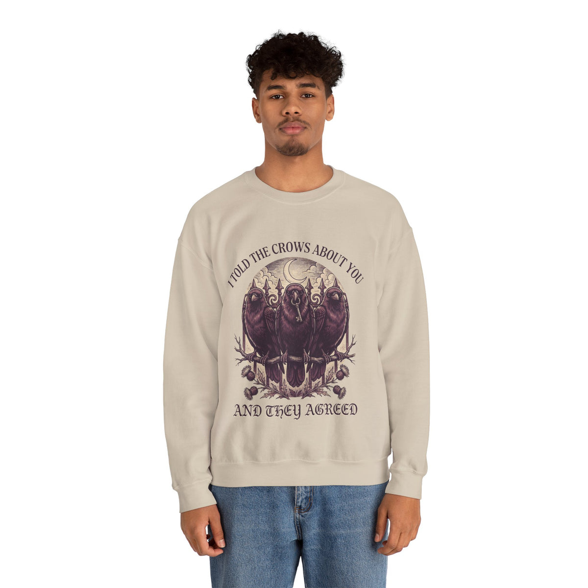 Crow Lover Sweatshirt, Gothic Raven Crewneck, men's fit model by Bamedys