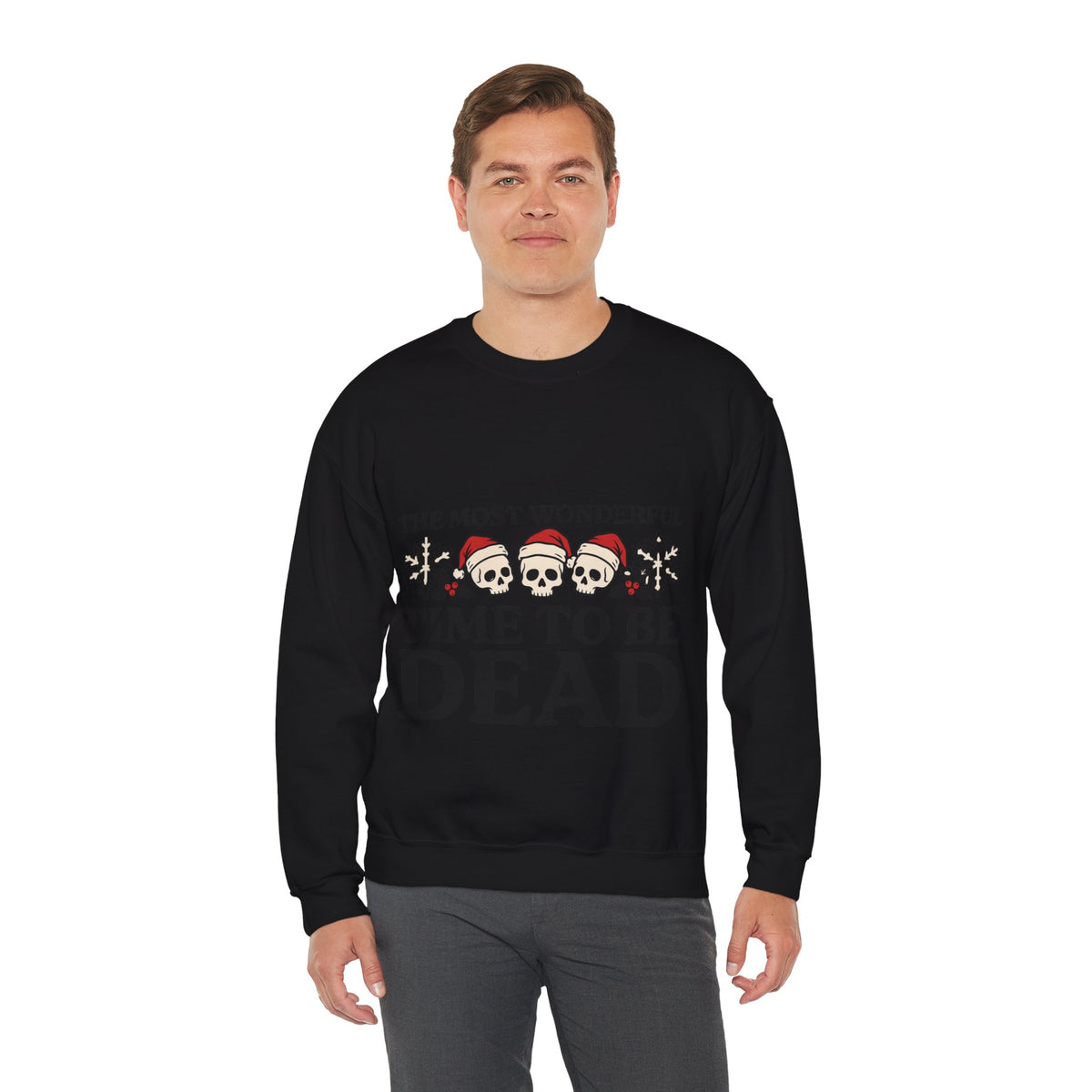 Skeleton Christmas Sweatshirt, Goth Xmas Crewneck, men's fit model by Bamedys