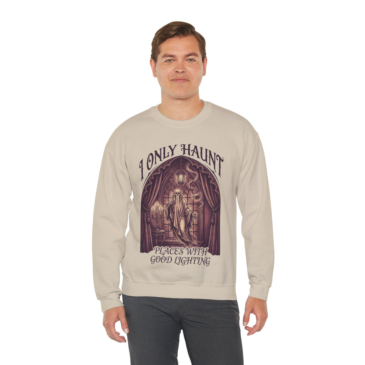 Ghost Sweatshirt, Funny Halloween Crewneck, men's fit model by Bamedys
