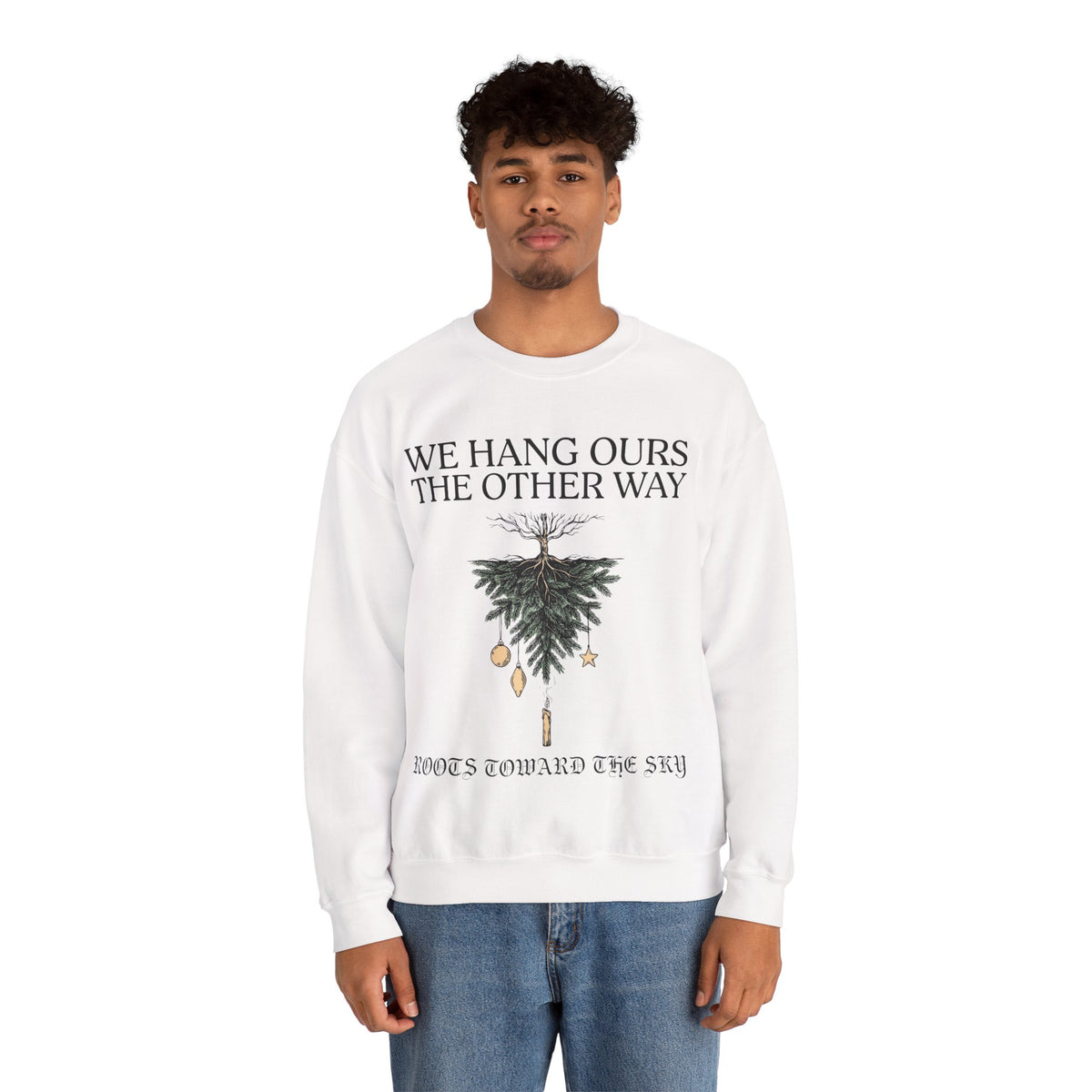 Upside Down Tree Sweatshirt, Goth Christmas, men's fit model by Bamedys