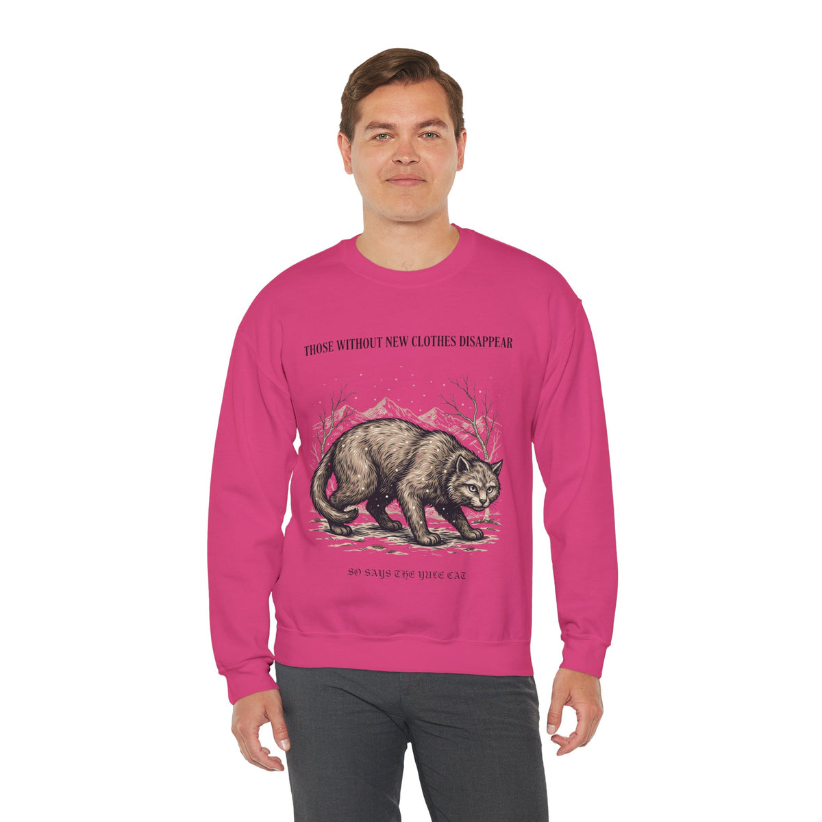Yule Cat Sweatshirt, men's fit model by Bamedys