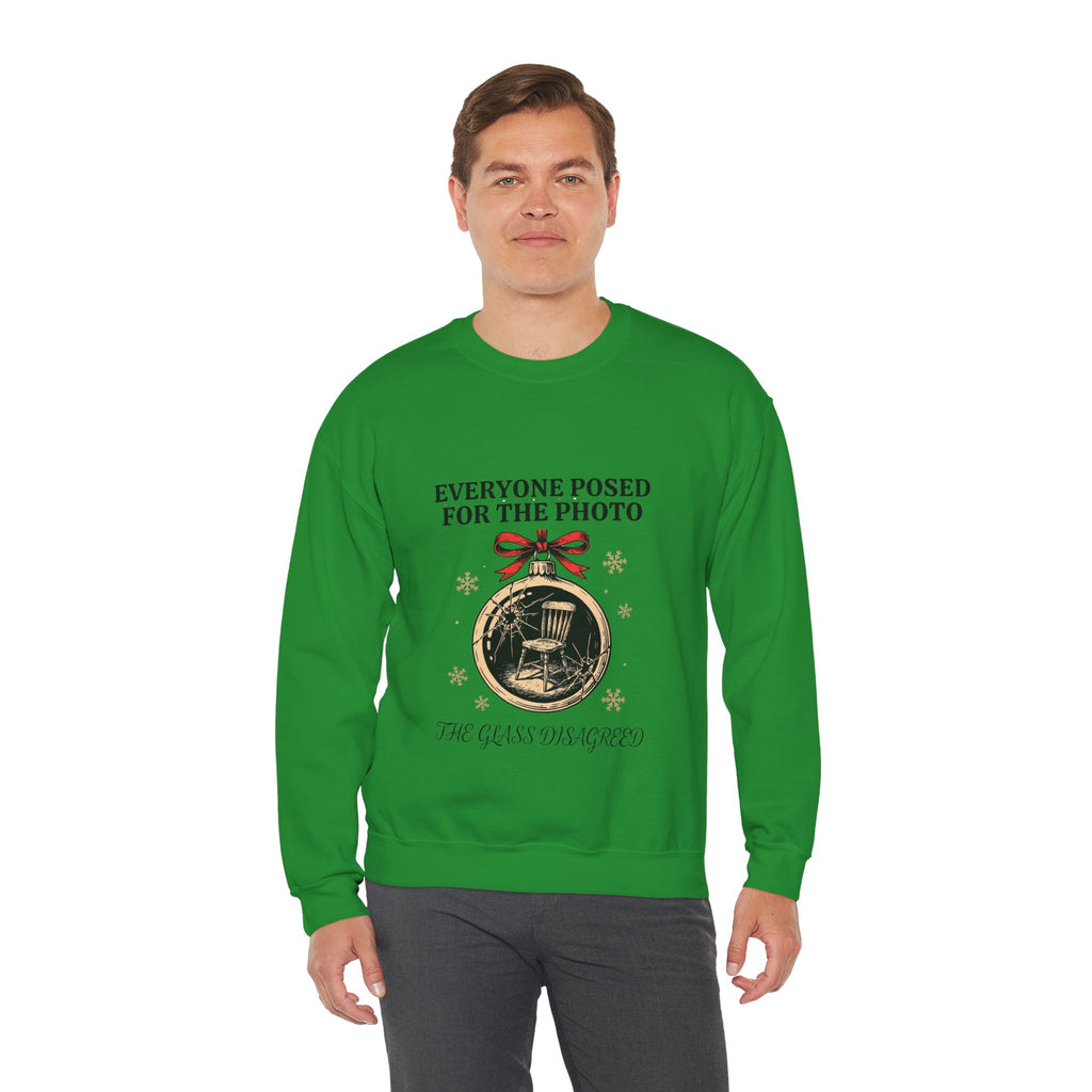 Cracked Ornament Sweatshirt, Goth Christmas, men's fit model by Bamedys