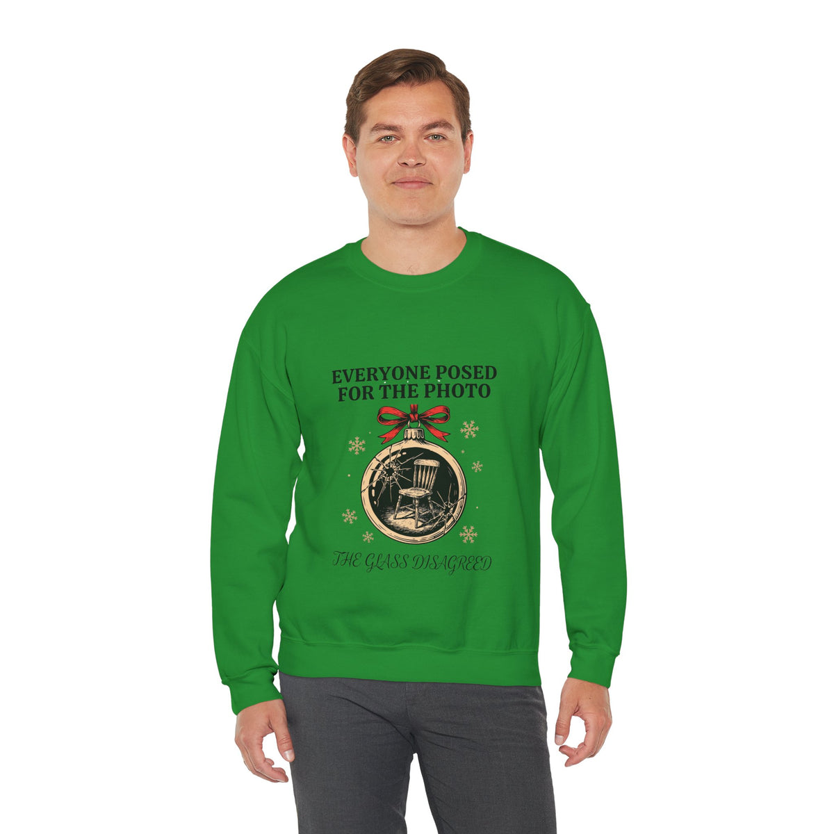 Cracked Ornament Sweatshirt, Goth Christmas, men's fit model by Bamedys