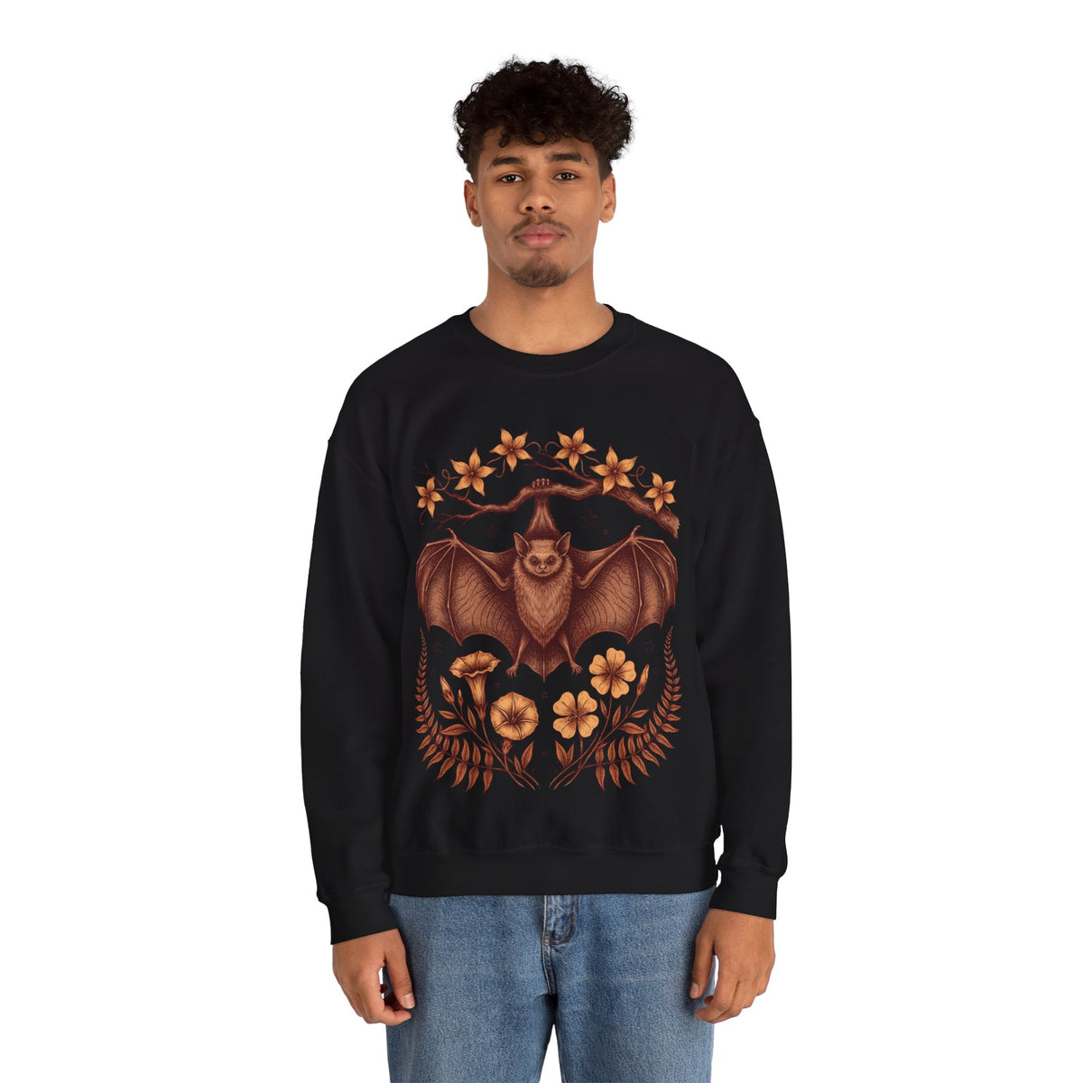 Vintage Bat Sweatshirt Gothic Cottagecore Floral, men's fit model by Bamedys