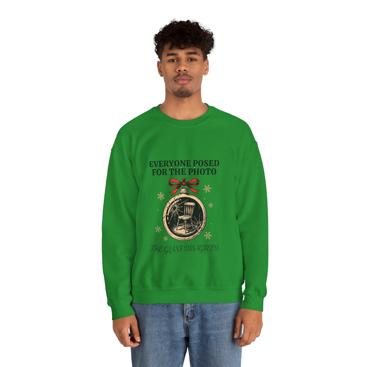 Cracked Ornament Sweatshirt, Goth Christmas, men's fit model by Bamedys
