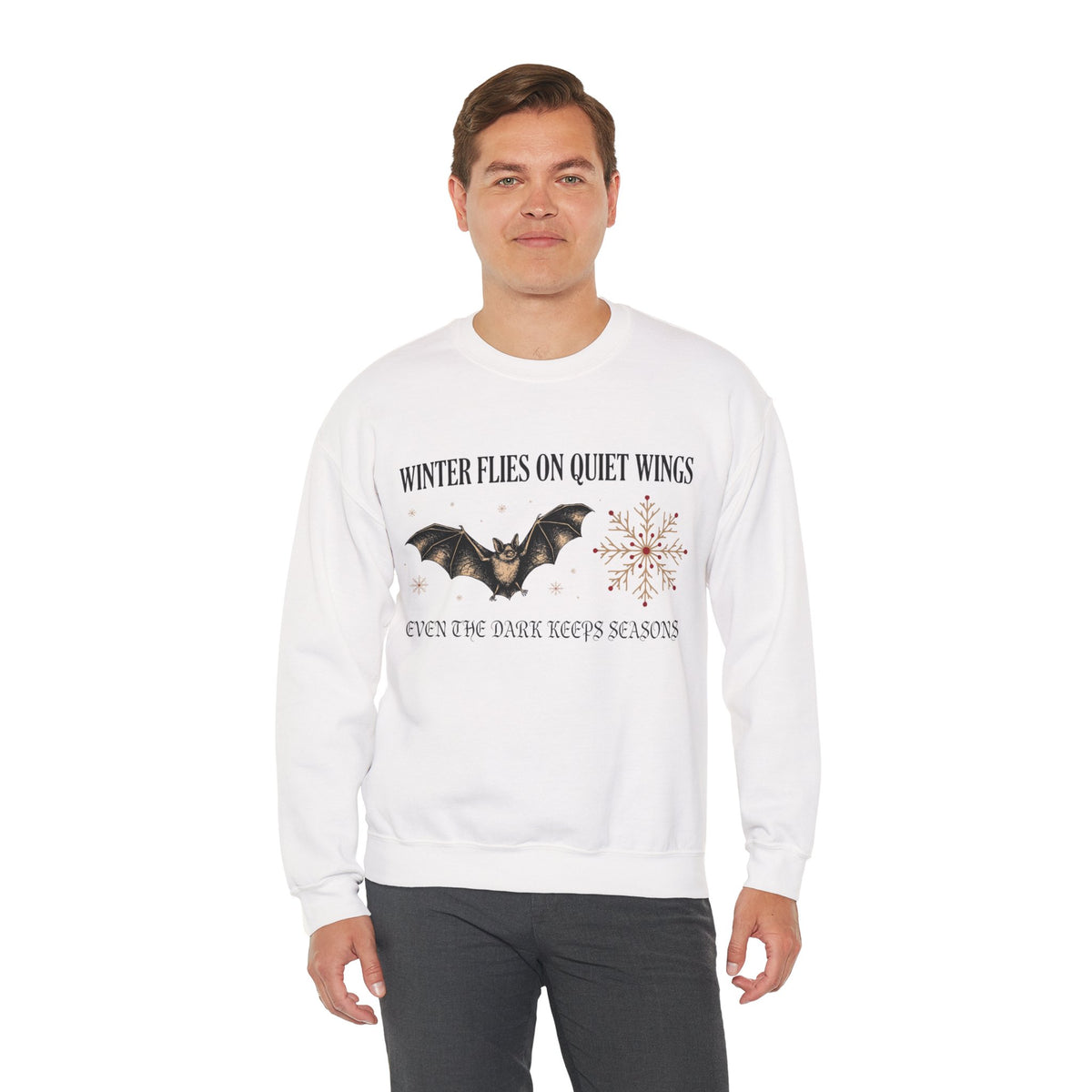 Bat and Snowflake Winter Folklore, Gothic Sweatshirt, men's fit model by Bamedys