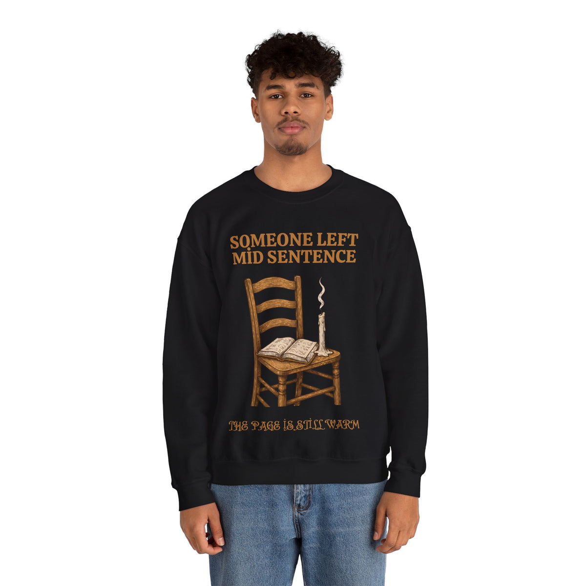 Empty Chair and Open Book Sweatshirt, Dark Academia, men's fit model by Bamedys