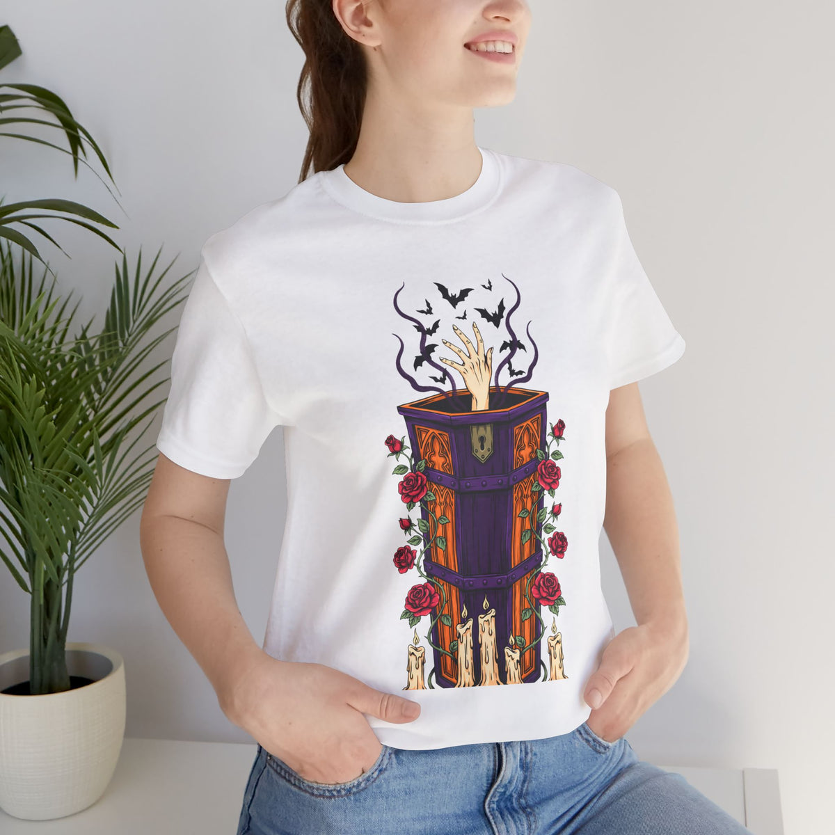 Halloween Coffin Shirt Skeleton Hand Gothic Roses by Bamedys