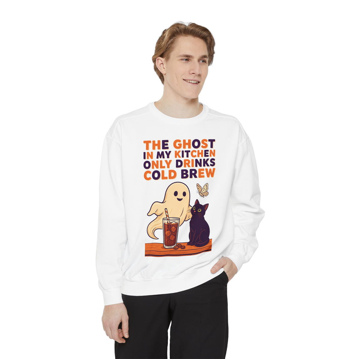 Ghost Coffee Sweatshirt, Cold Brew Halloween Crewneck, Cat Lover Gift