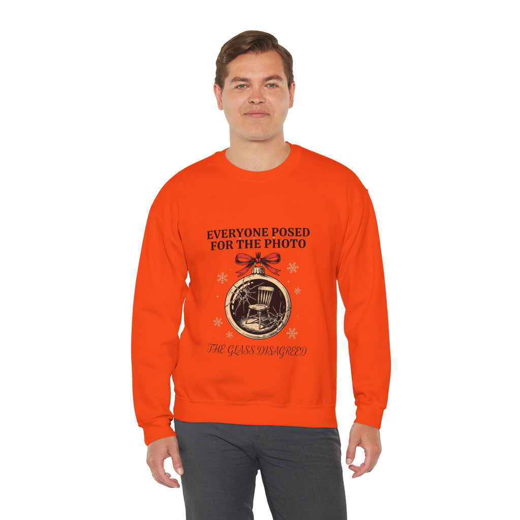 Cracked Ornament Sweatshirt, Goth Christmas, men's fit model by Bamedys