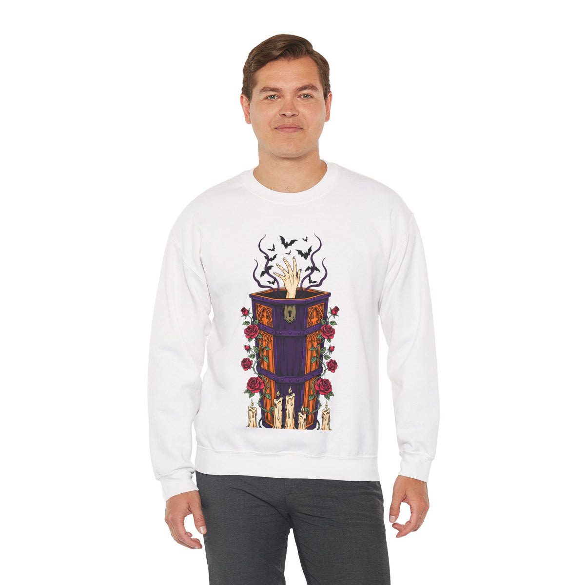 Halloween Coffin Sweatshirt Skeleton Hand Gothic Roses, men's fit model by Bamedys
